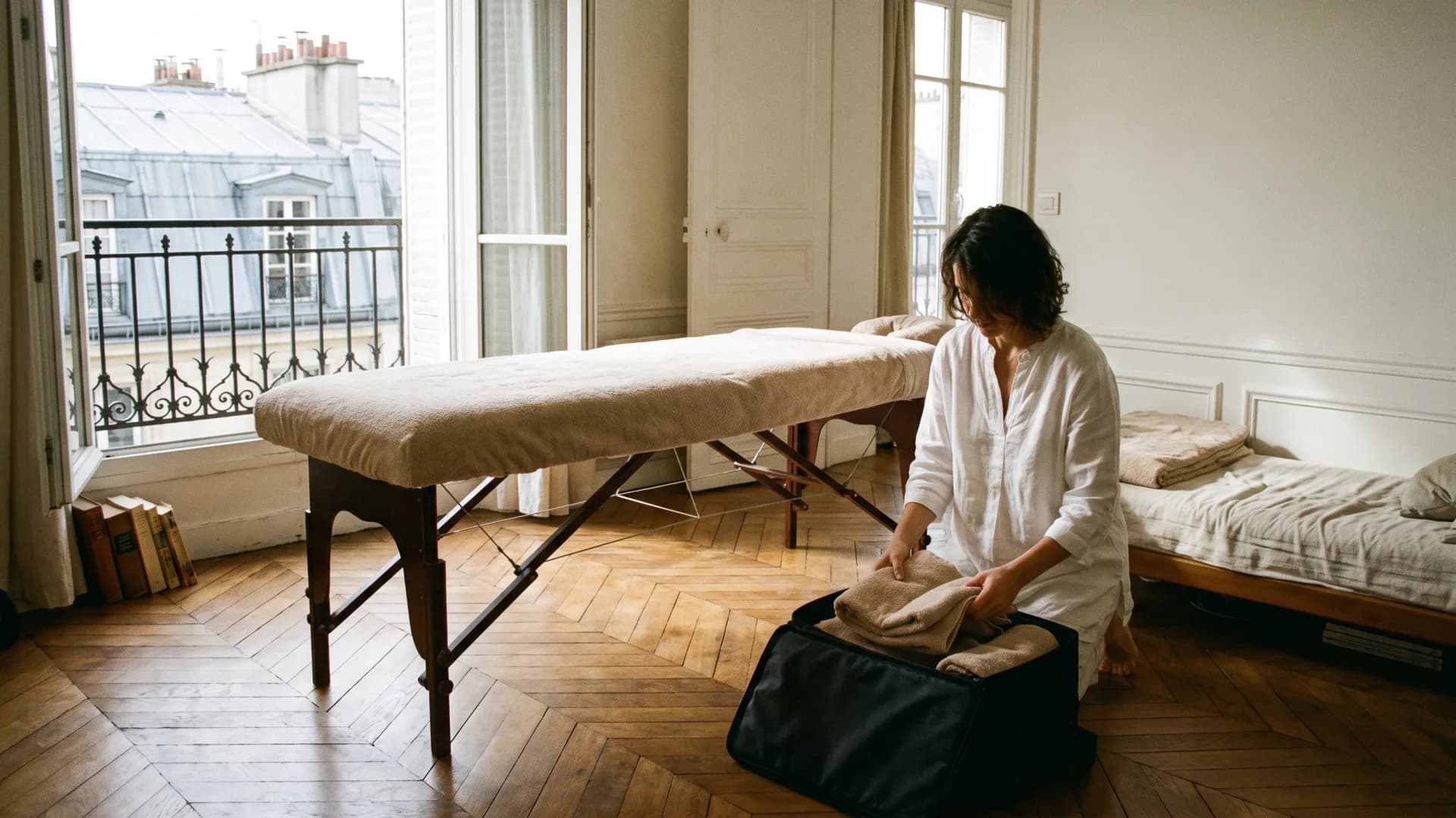 Table de drainage installée dans un salon parisien, praticienne préparant le linge