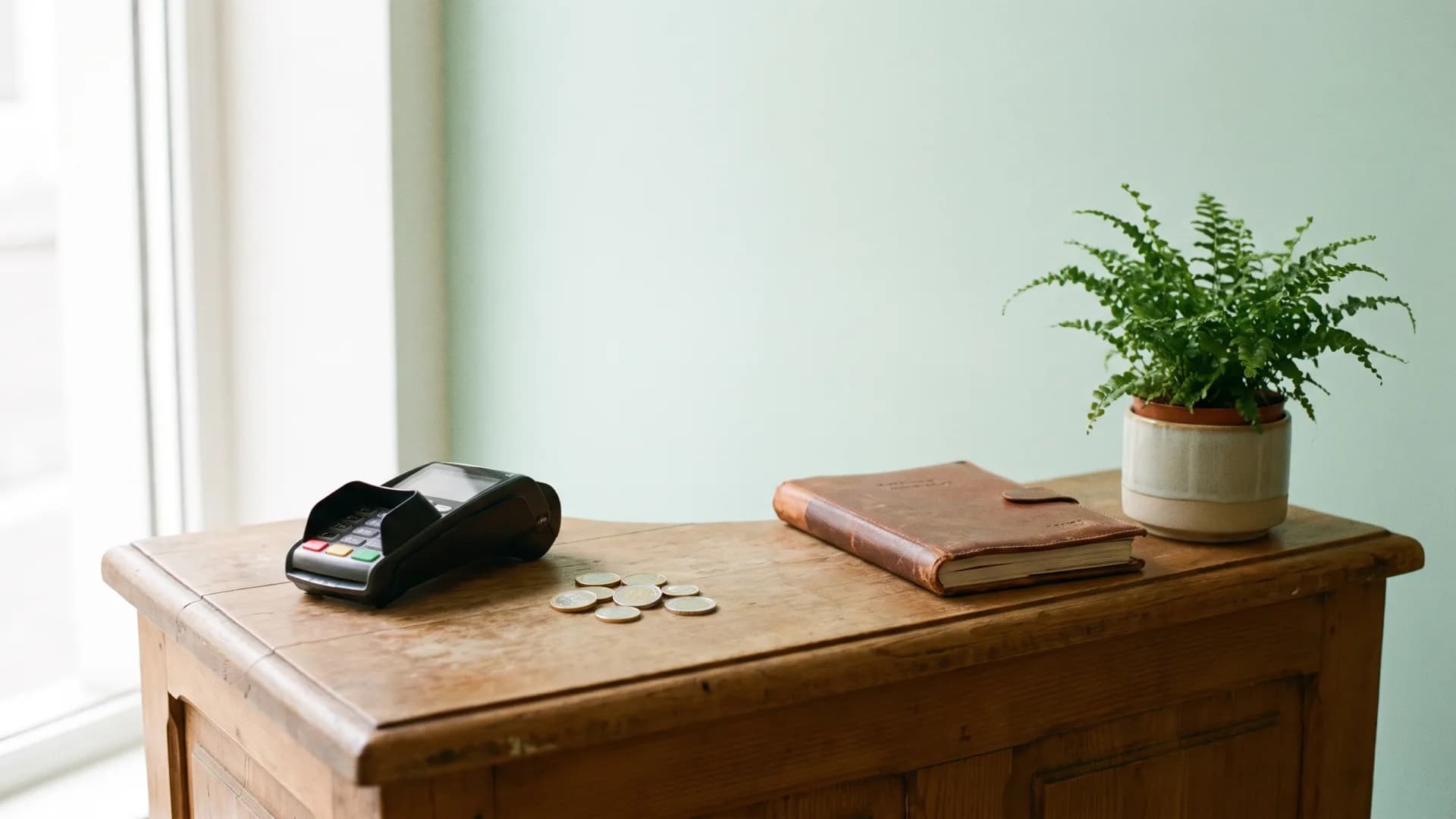 Comptoir d’institut : terminal de paiement, pièces et carnet de rendez-vous