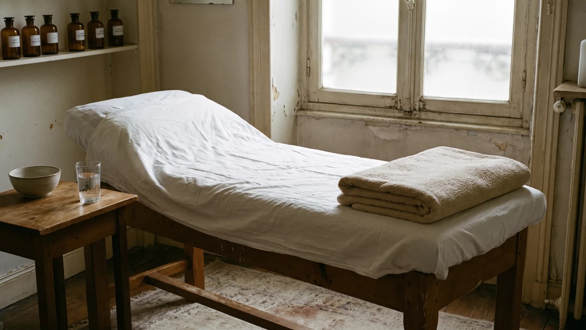 Cabine d’institut vide après une séance : drap, serviette, verre d’eau, lumière de fenêtre