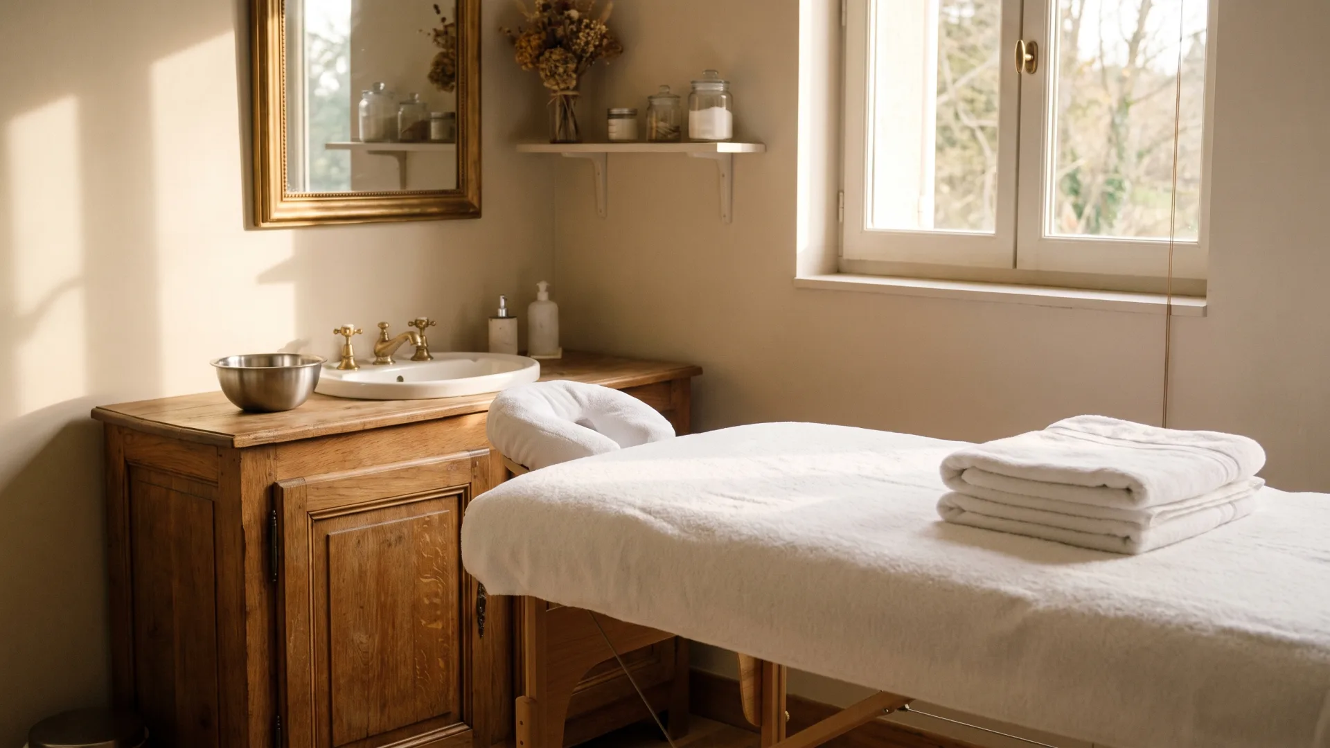 Petite cabine préparée pour un drainage du visage, table et vasque