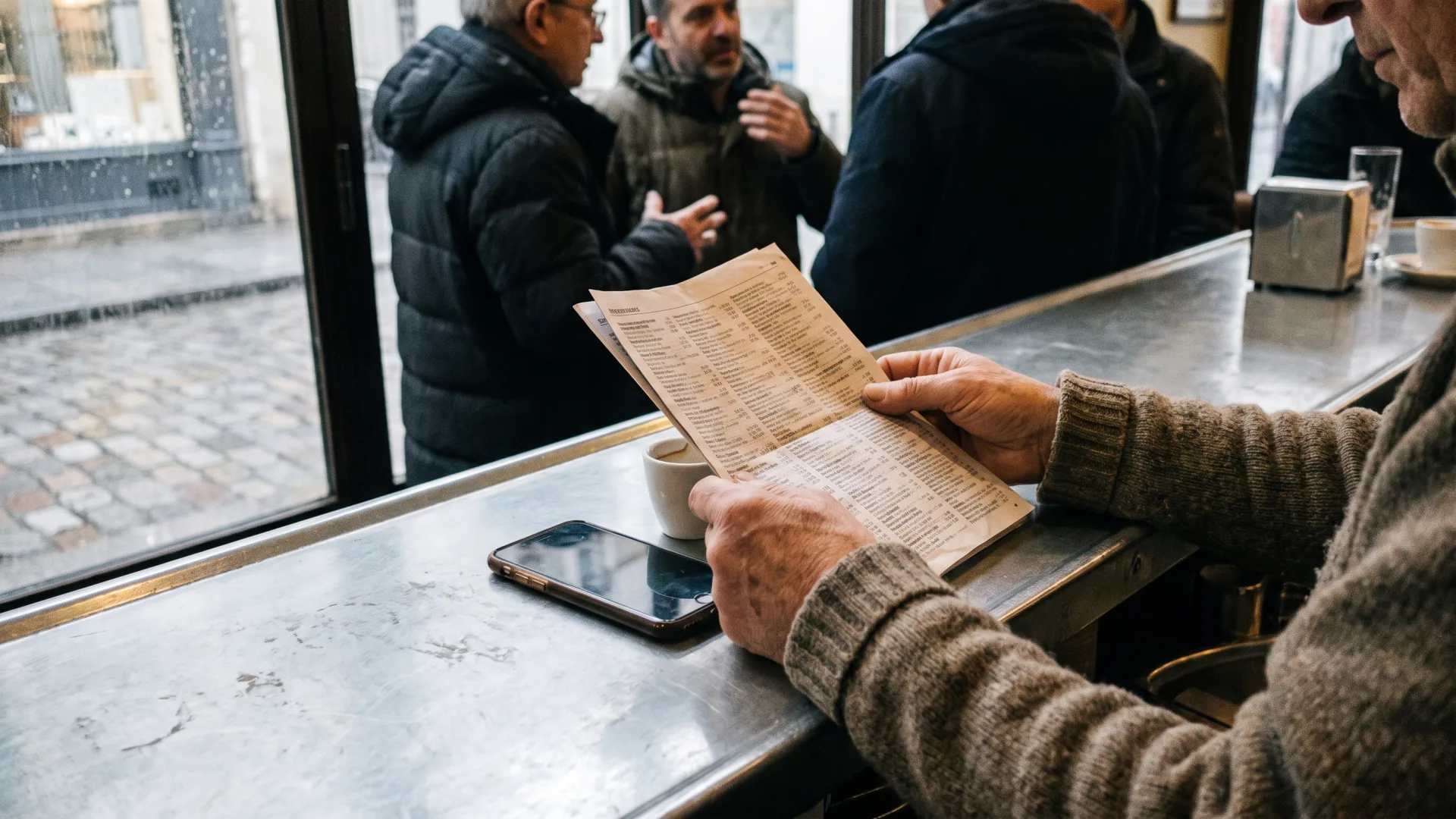 Mains tenant une fiche imprimée au zinc d’un café parisien, téléphone retourné