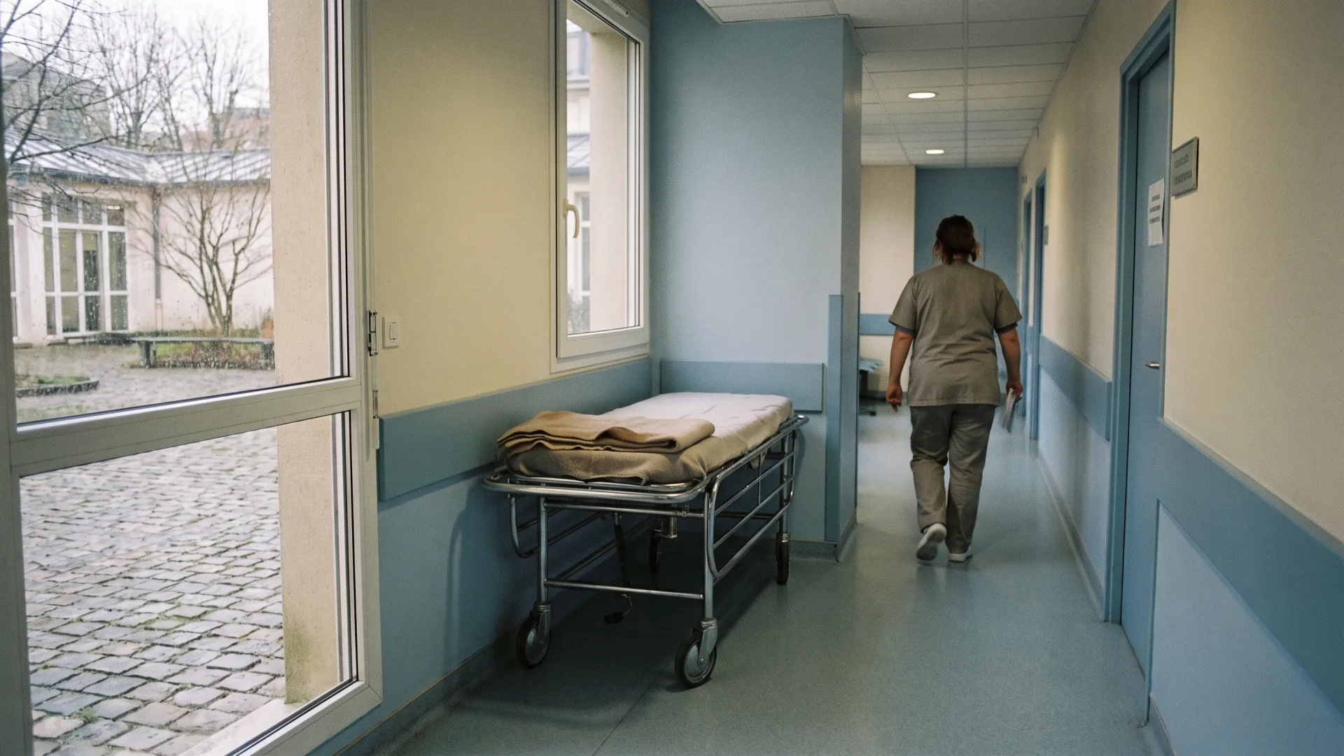 Couloir calme d’une clinique française, brancard vide, cour par la fenêtre