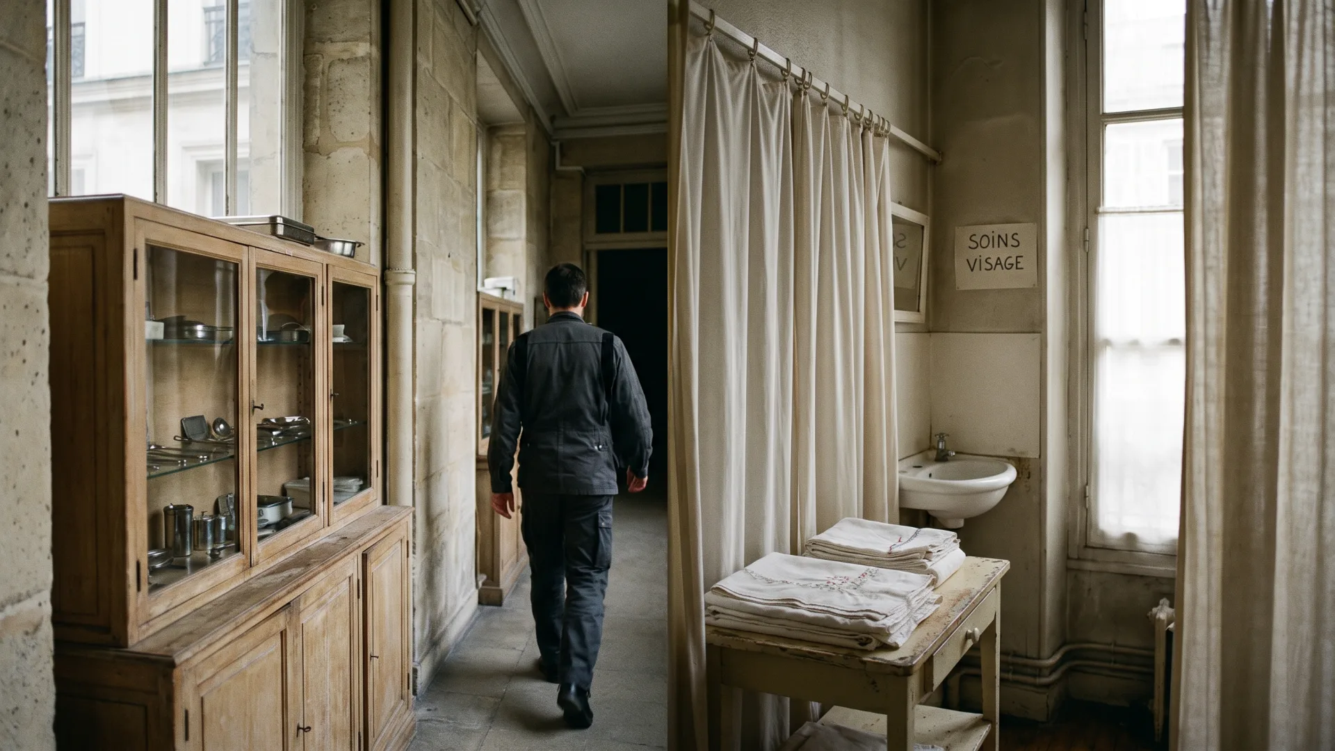 Dans le même immeuble parisien : couloir de cabinet médical et cabine de linge blanc