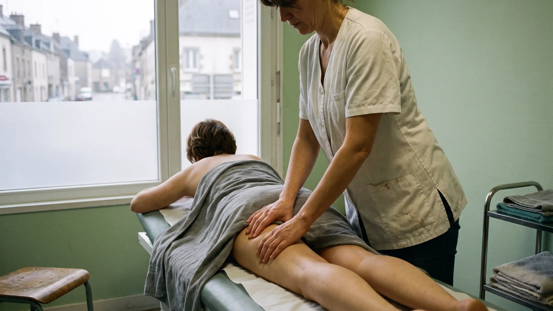 Praticienne en tunique blanche, drainage plus ferme sur les cuisses, visage hors cadre