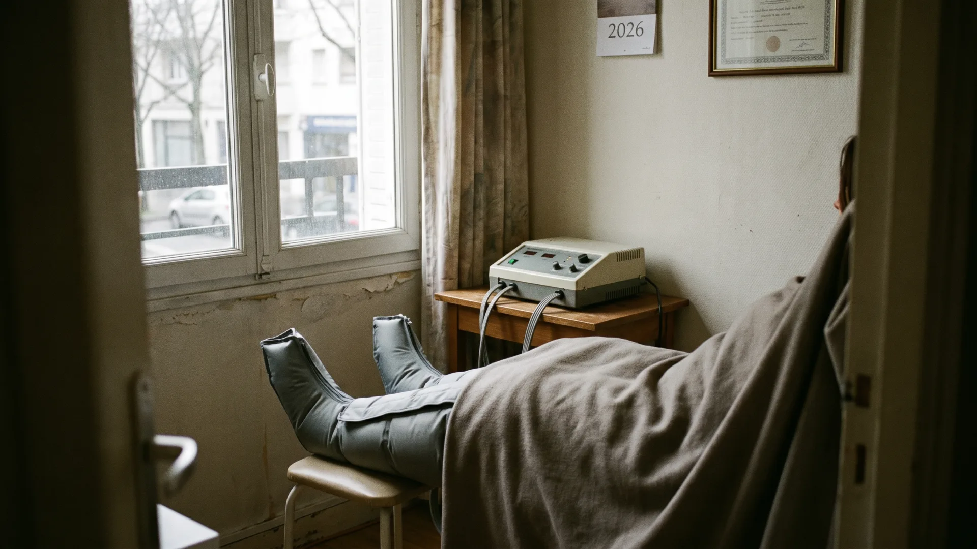 Bottes de pressothérapie sur les jambes, cabine française, visage hors cadre